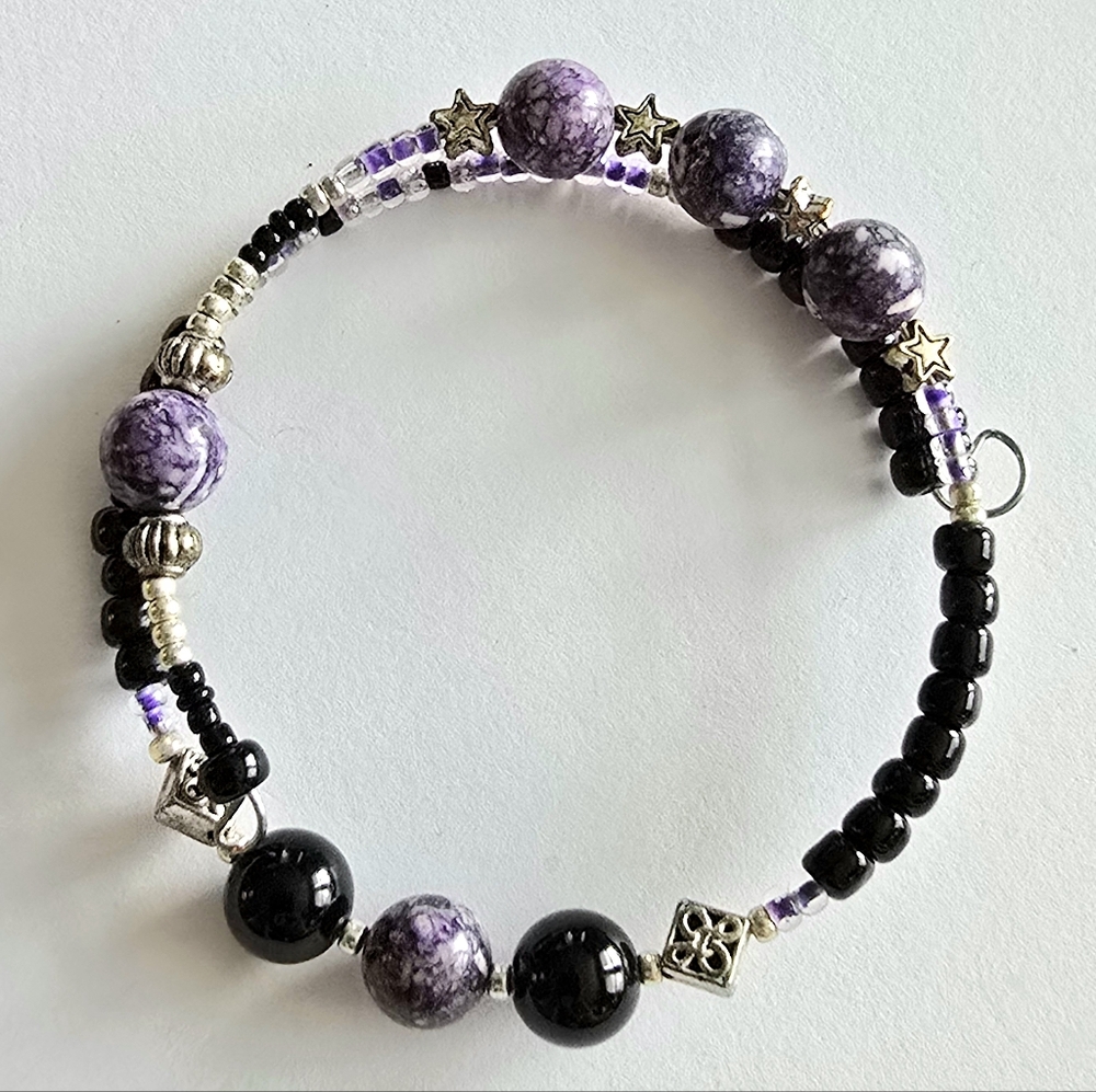Star bracelet purple black memory wire silver tone celestial outer space